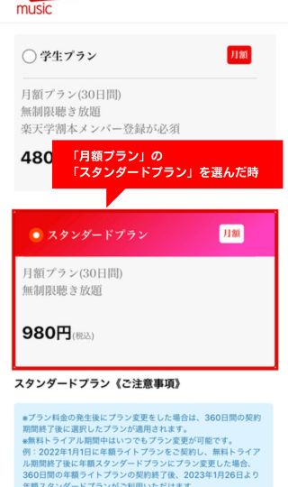 楽天ミュージックのスタンダードプランを選択した時の表示