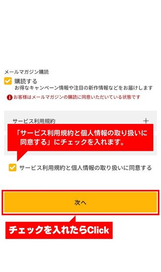 TSUTAYA DISCAS(ツタヤディスカス)の規約に同意して「次へ」を押す